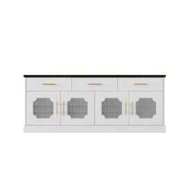 Famapy - Modern - Glam TV Stand: Patterned Glass & Gold Accents - White & Wooden