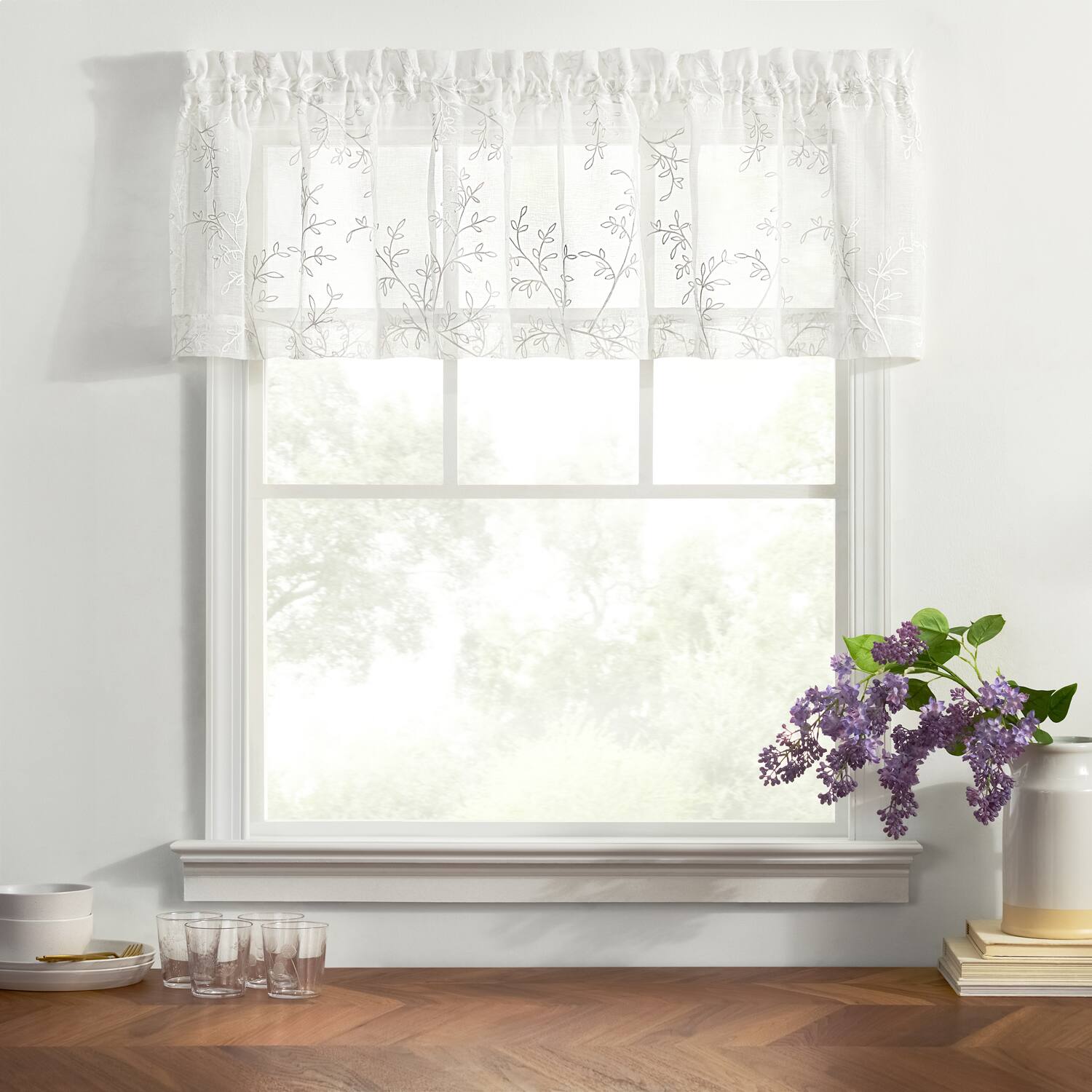 Angle. Ellis Curtain - Ellis Curtain Brewster Tailored Embroidered Sheer Rod Pocket Window Valance 70"x15" White - White.