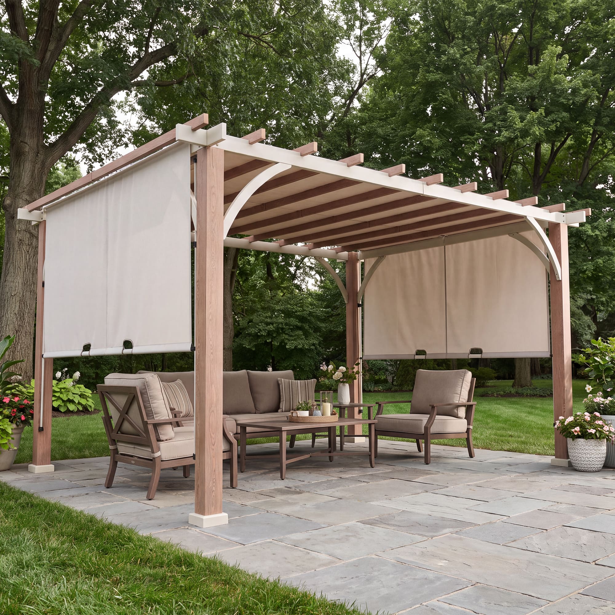 SUNJOY - SummerCove Delrey 12x14 ft Outdoor White Steel Pergola with Adjustable Canopy for Backyard & Garden, Light Gray - light grey