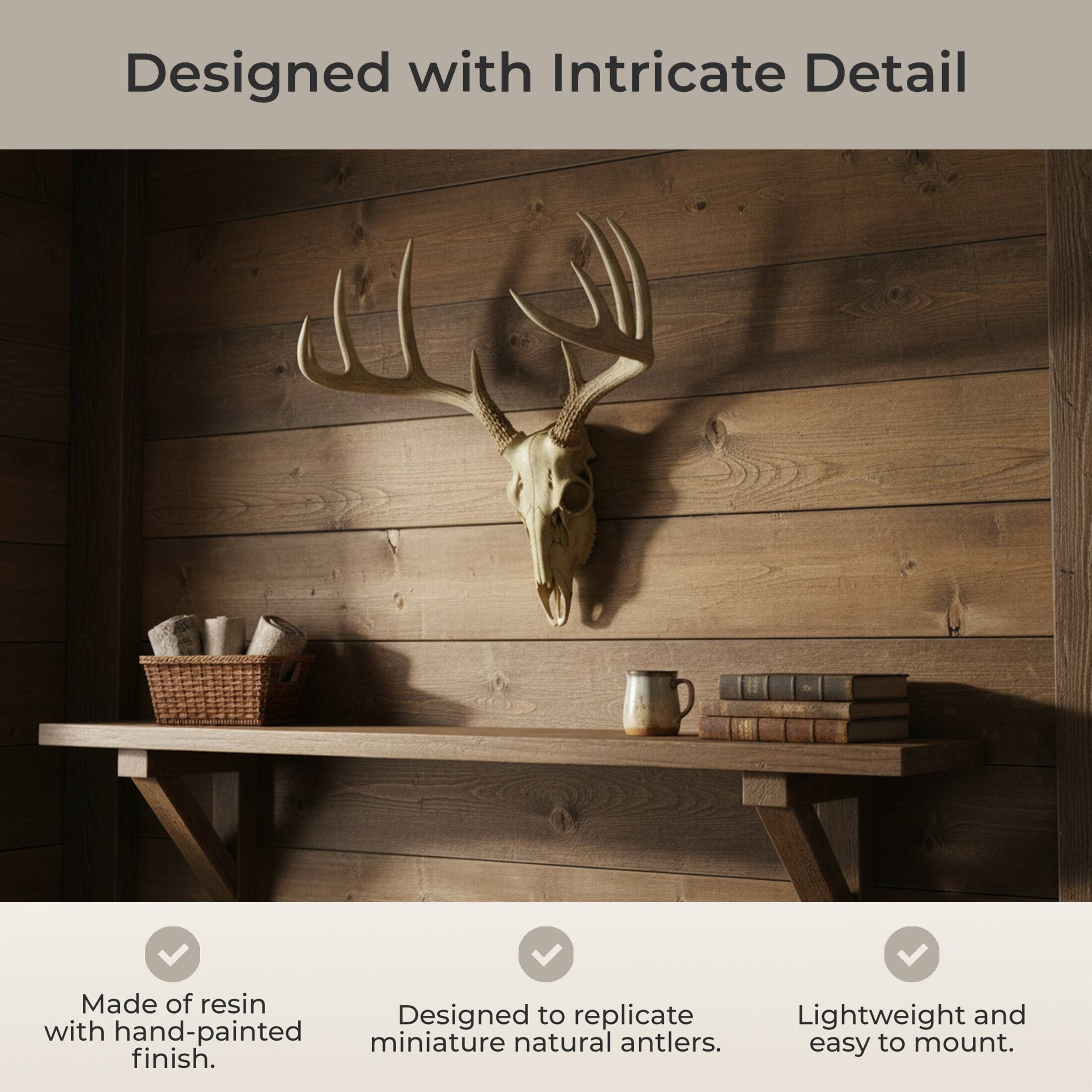 Designed with Intricate Detail

- Made of resin with hand-painted finish.
- Designed to replicate miniature natural antlers.
- Lightweight and easy to mount.