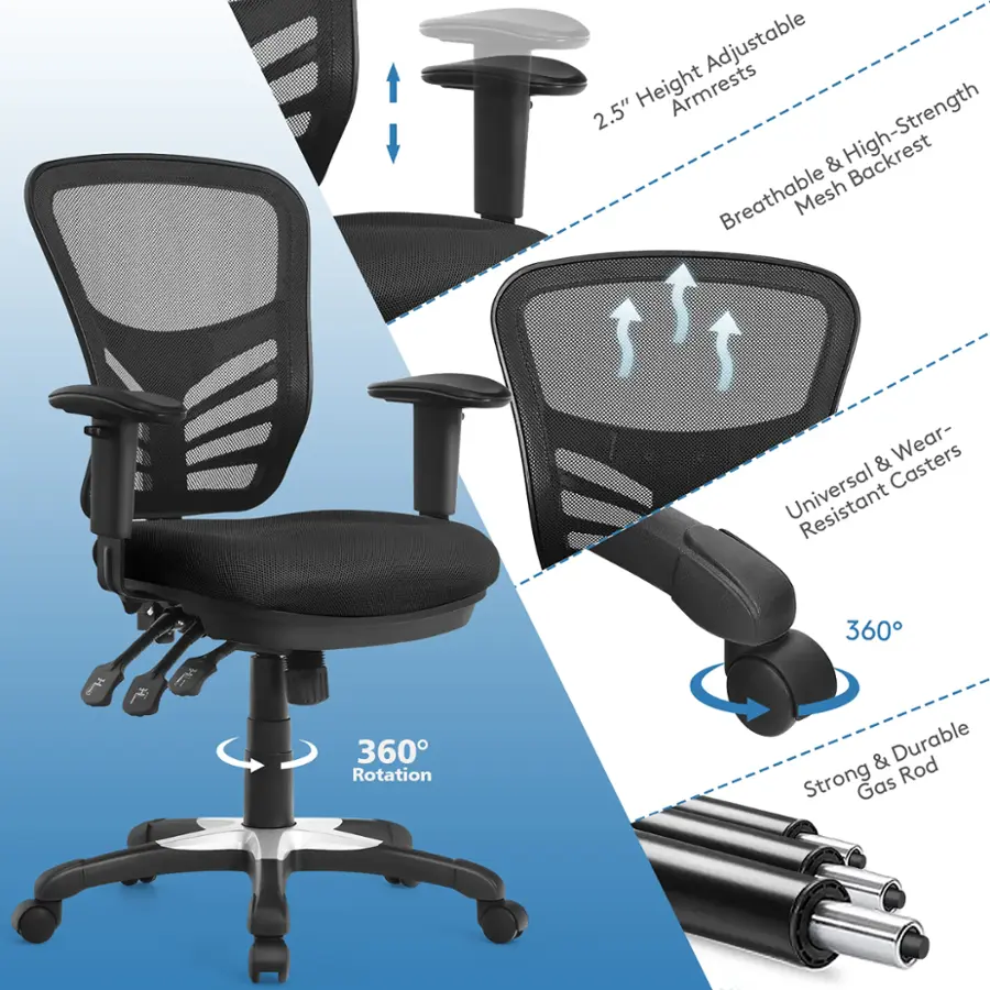 Adjustable 2.5" Height Armrests & High-Strength Backrest Breathable Mesh & Casters Wear-Resistant 360 360 Rotation & Durable Strong Rod Gas
