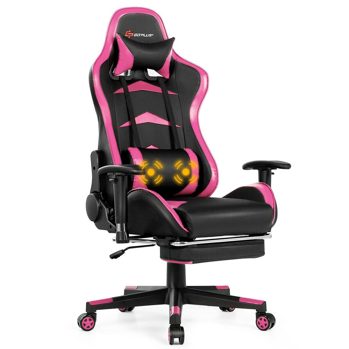 Left. WELLFOR - Massage Gaming Chair with Lumbar Support & Footrest - Pink.