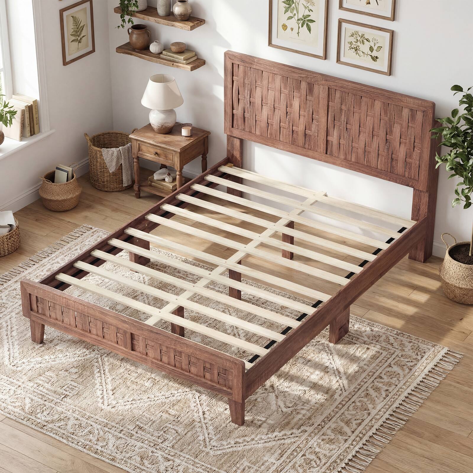 Alt View 5. Costway - Costway Full Size Bed Frame with Woven Accent Headboard & Footboard, Wooden Slat Support - Walnut.