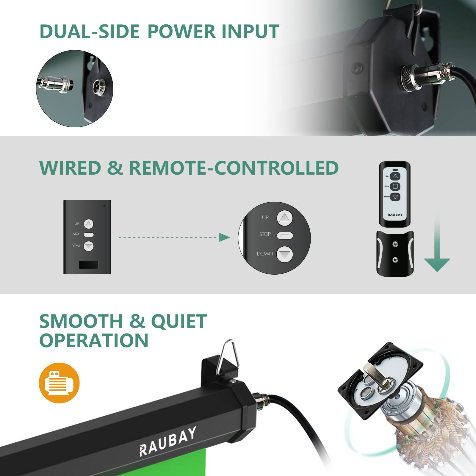 DUAL-SIDE POWER INPUT

WIRED & REMOTE-CONTROLLED

SMOOTH & QUIET OPERATION