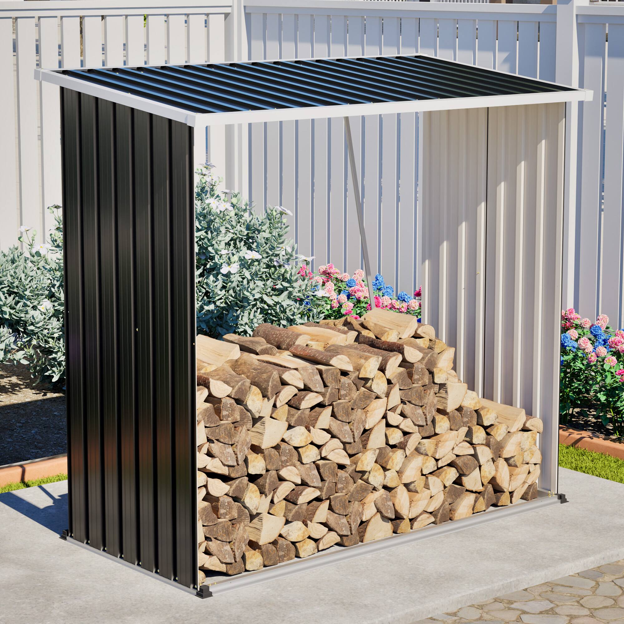Front. Anysun - Outdoor Metal Storage Shed – 62 Cu. Ft. Firewood Rack & Patio Organizer with Sloped Roof, Weatherproof - Black.