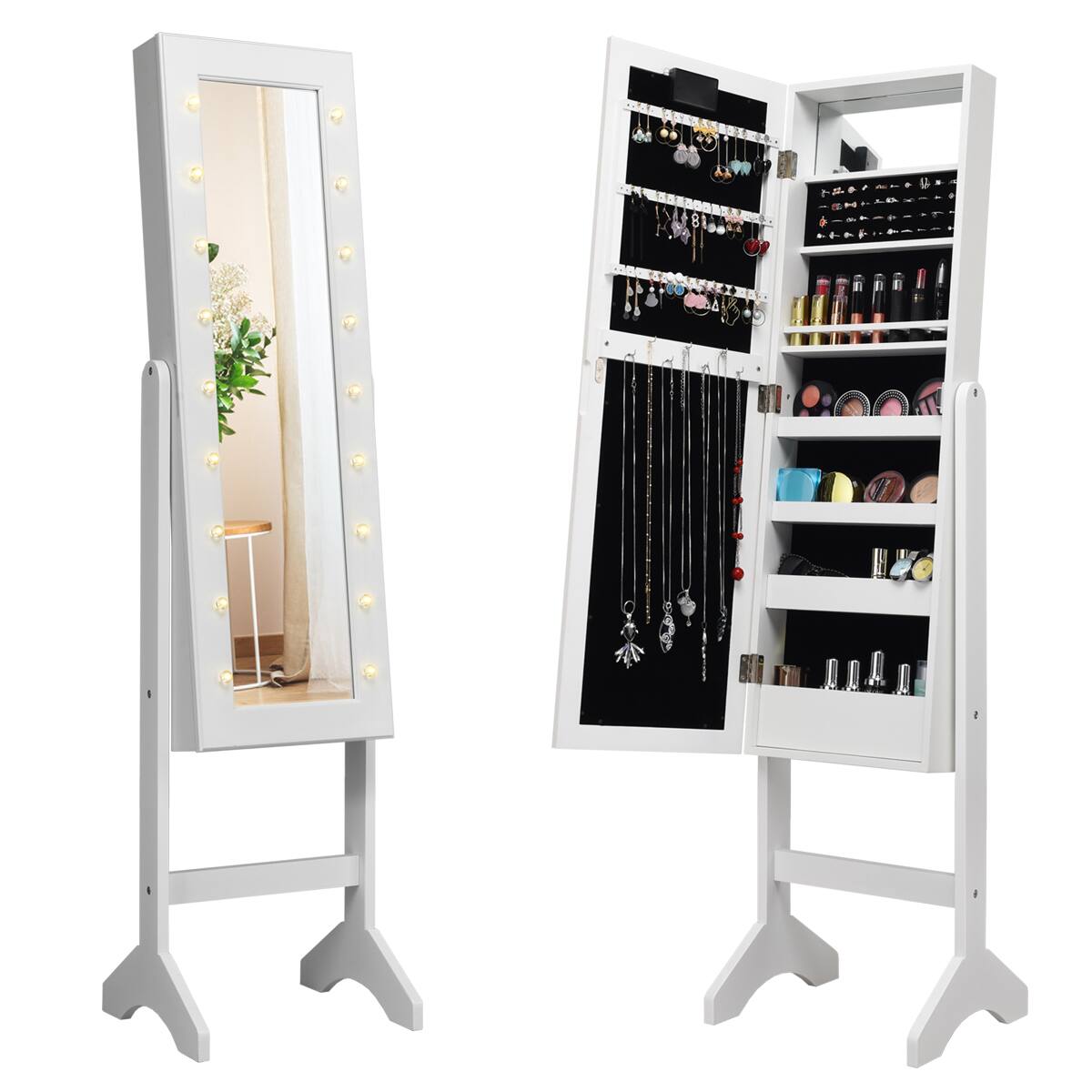 Alt View 1. Gymax - Gymax Full Length Mirror Jewelry Organizer Vanity Box w/ 18 LED Lights White - White.