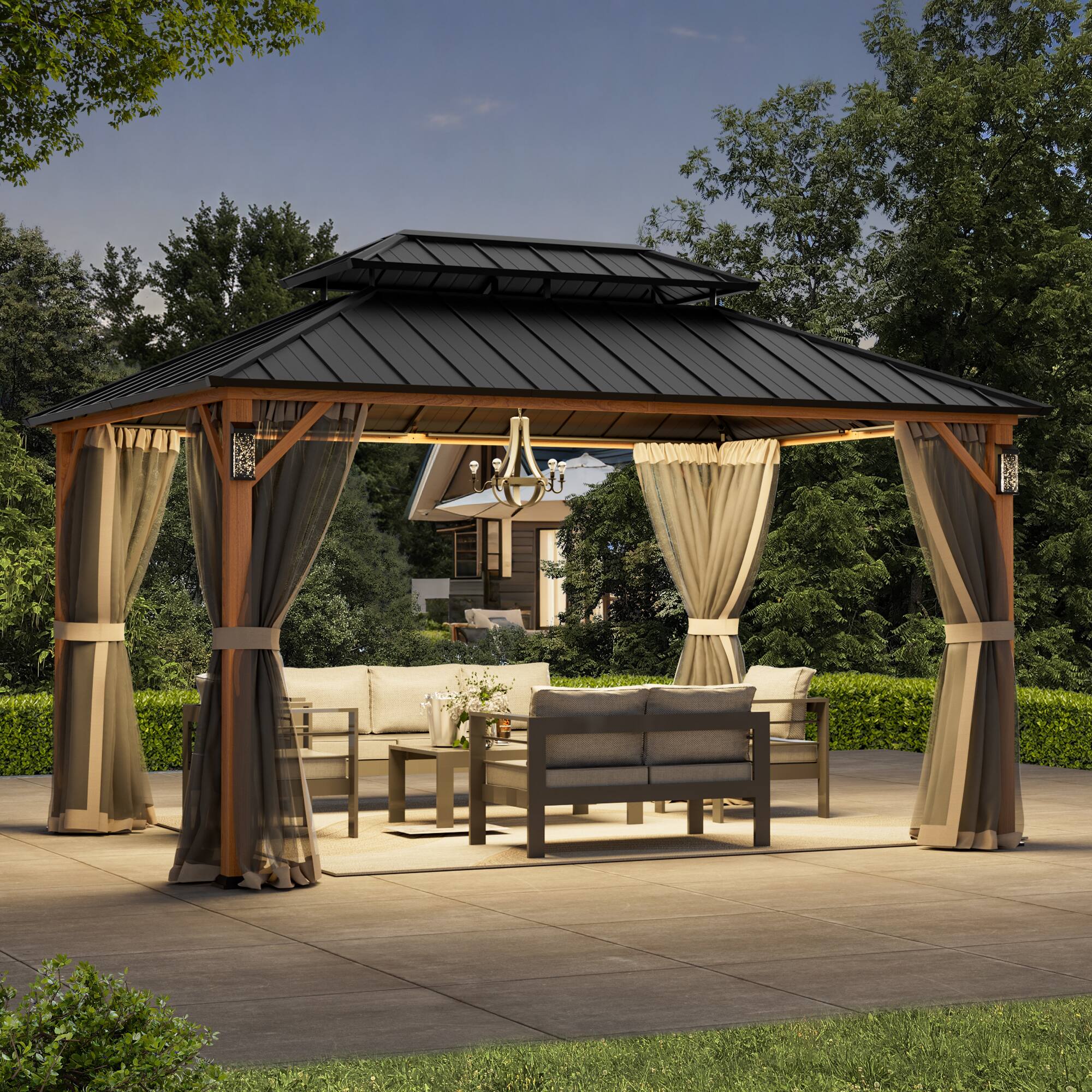 Angle. Modern Shade Outdoor Living Spaces - Modern Shade The Horizon Hardtop Gazebo 10' x 14' with 4 LED Lights, Wood Grain - Wood Grain.