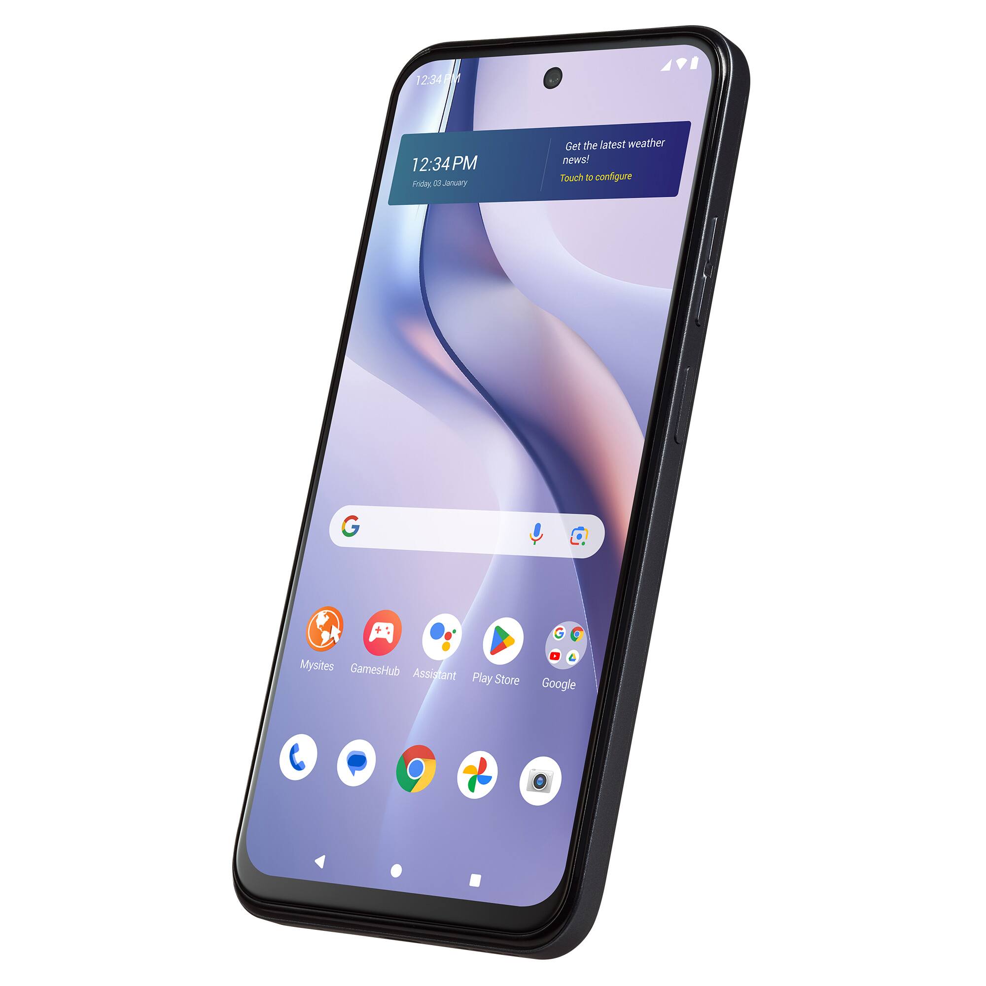 12:34 PM  
Friday, 03 January  

Get the latest weather news!  
Touch to configure  

Mysties  
GamesHub  
Assistant  
Play Store  
Google