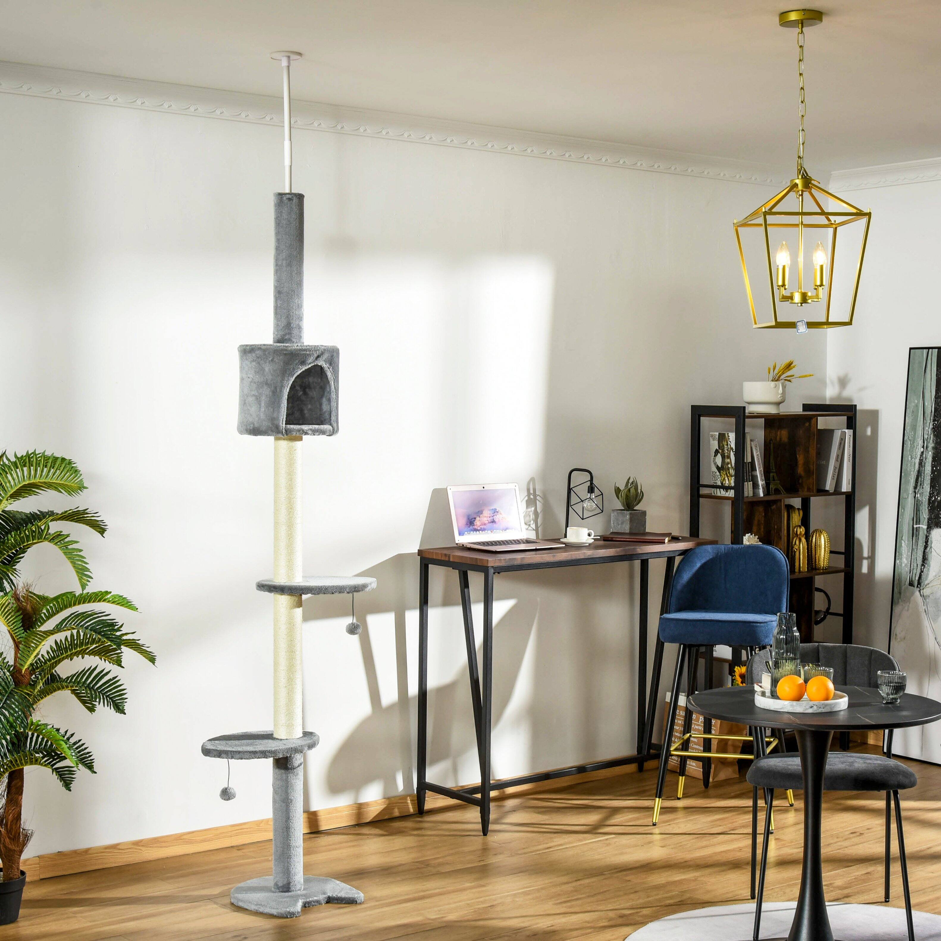 Angle. Pawhut - 85.5" Cat Tree, Height Adjustable Floor-to-Ceiling, 4-Tier, Climbing Activity Center, Condo, Scratching Post, Balls - Light grey.