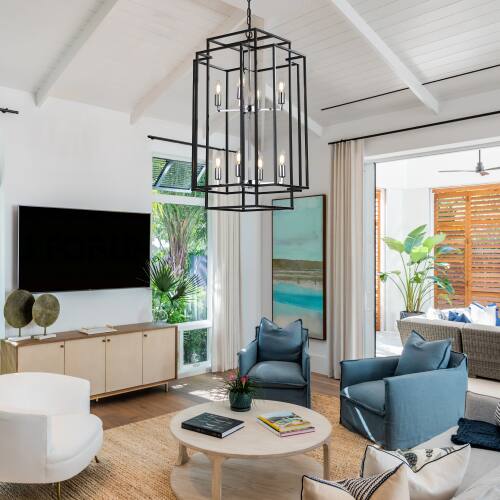 Back. LUCKY ONE - 18in Hanging Geometric Chandelier, 8-Light Black Chrome Pendant Light for Dining Room Kitchen Island - Chrome.