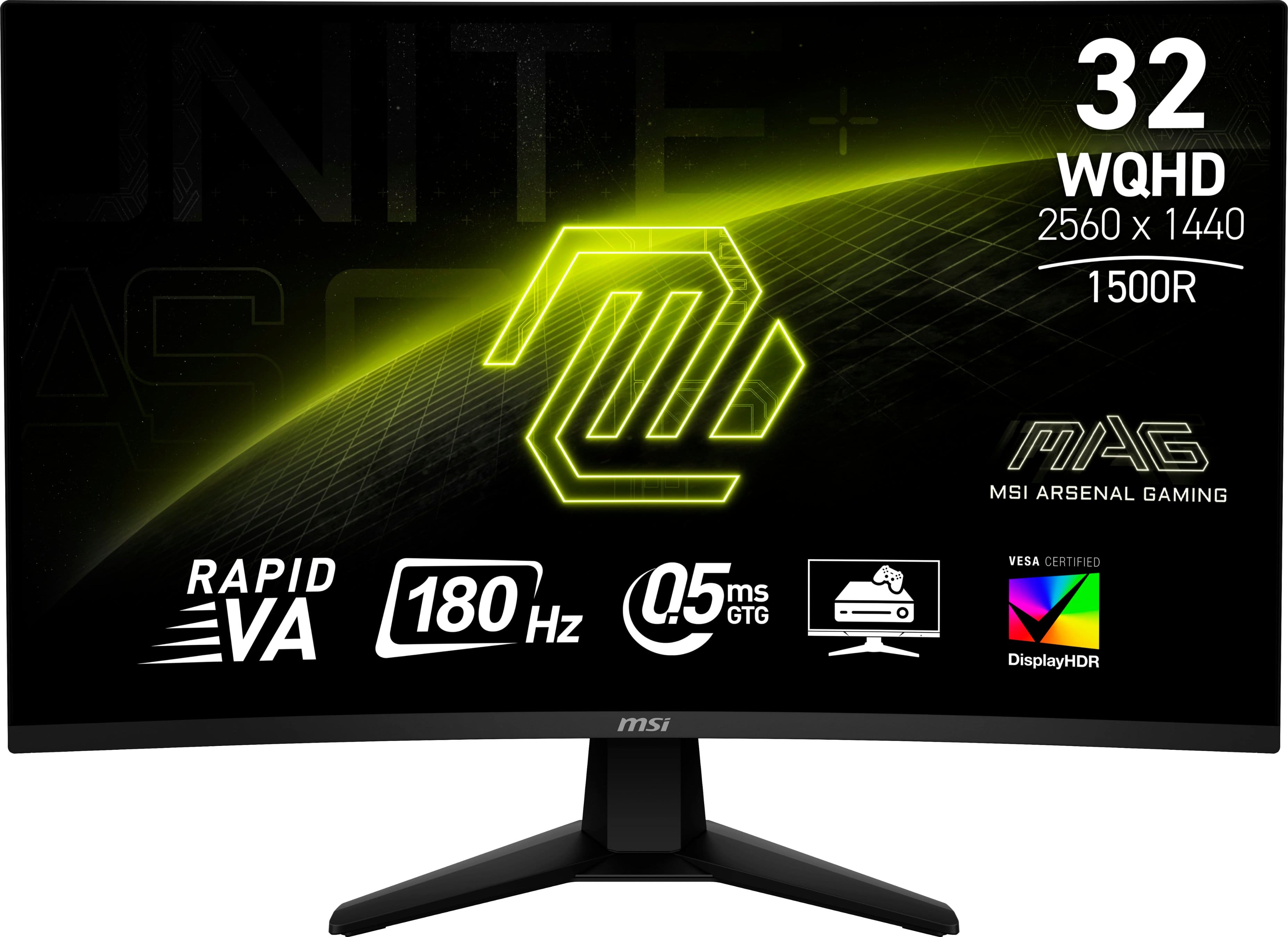 The text on the image is grouped and corrected as follows:
"NITE 32 WQHD 2560 x 1440 1500R A MAG MSI ARSENAL GAMING VESA CERTIFIED RAPID 05 ms VA 180 Hz GTG DisplayHDR msi."
