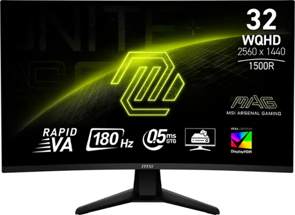 The text on the image is grouped and corrected as follows:
"NITE 32 WQHD 2560 x 1440 1500R A MAG MSI ARSENAL GAMING VESA CERTIFIED RAPID 05 ms VA 180 Hz GTG DisplayHDR msi."