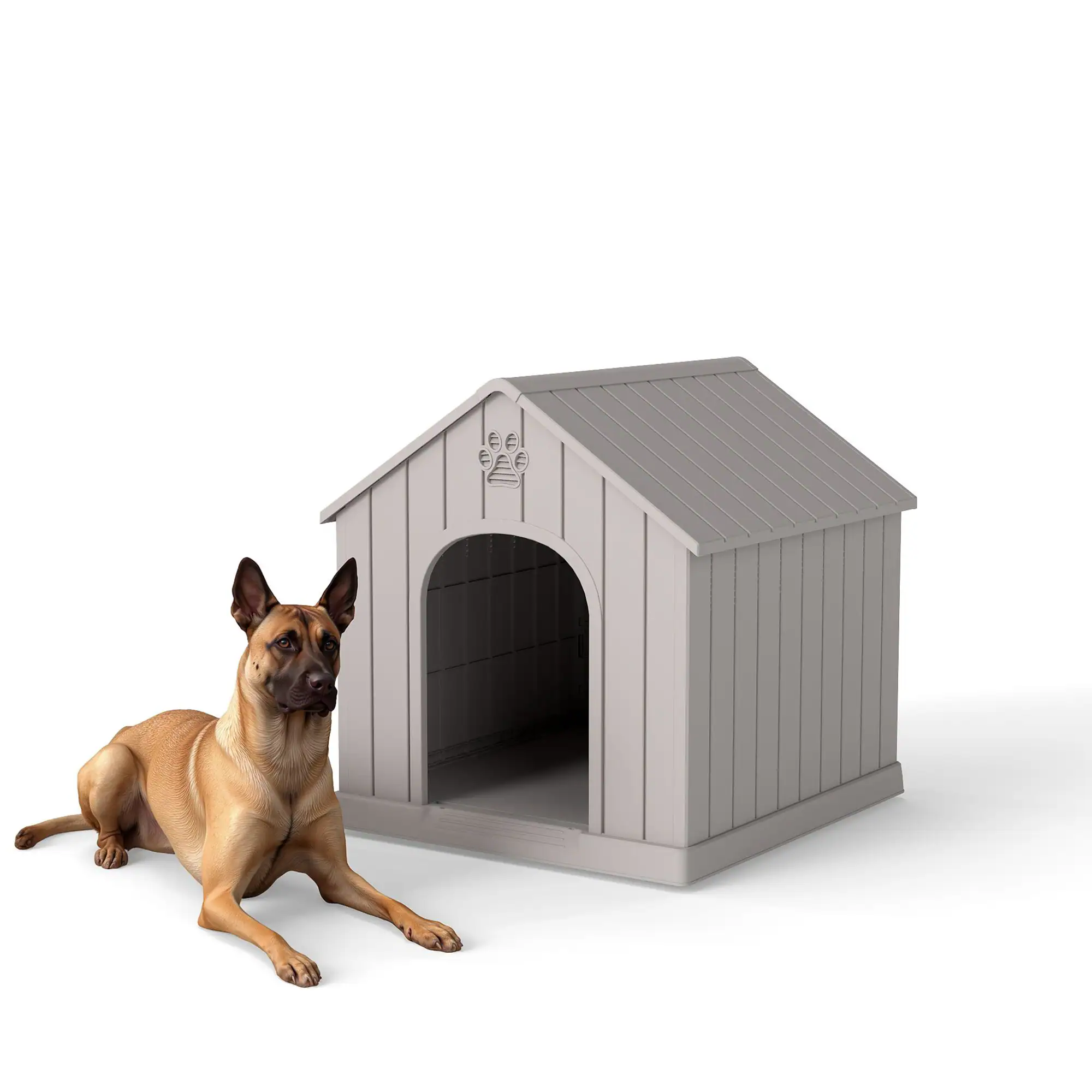 Decksplore - Weatherproof Outdoor Dog House with Elevated Bed, All-Weather Resin Shelter for Yard, Patio & Garden