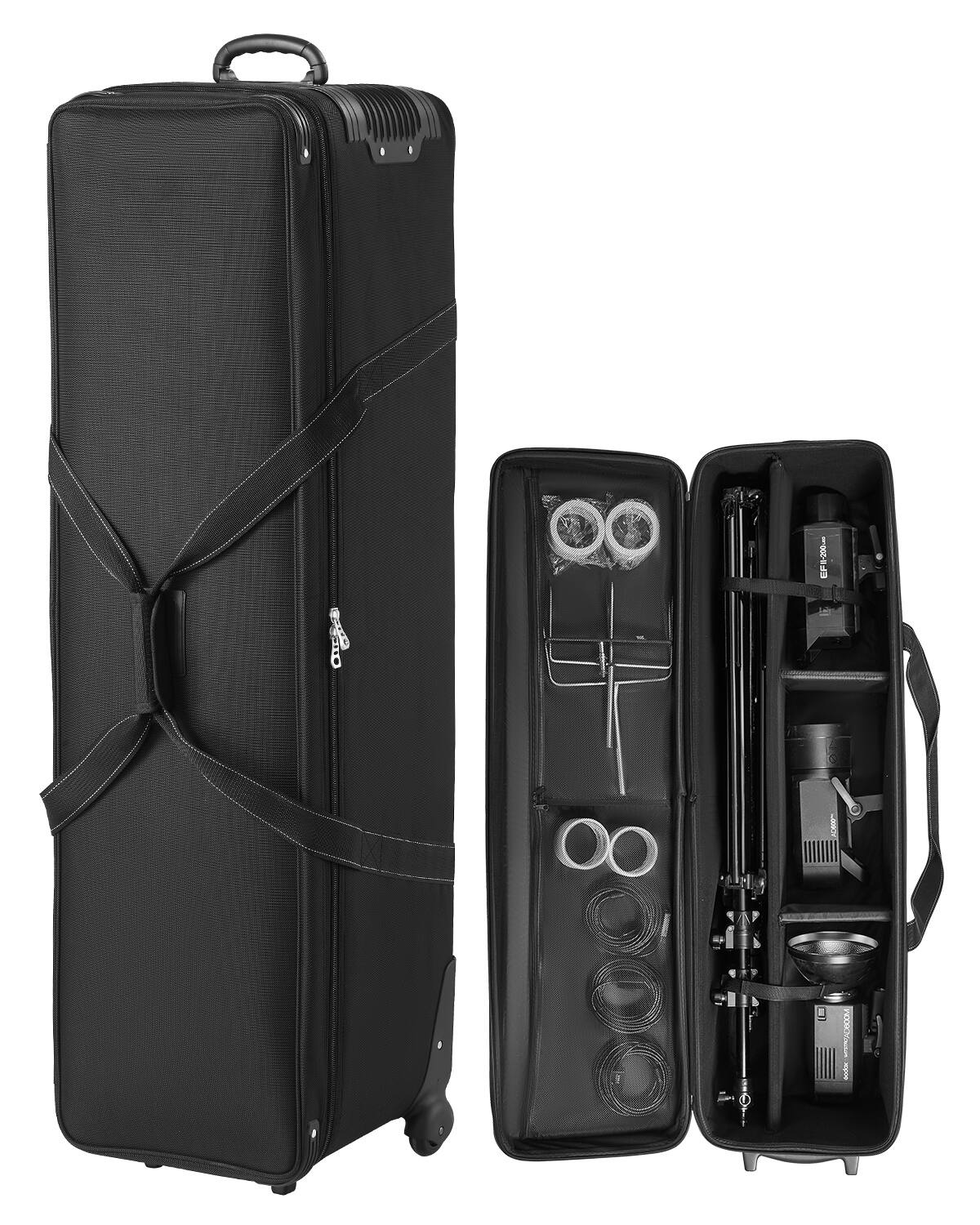 Front. VEVOR - Studio Equipment Trolley Case, 51.57 x 14.37 x 14.96 in / 131 x 36.5 x 38 cm, Rolling Camera Bag - Black.