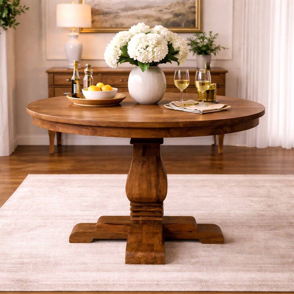 Angle. Artisan Furniture - Round Pedestal Dining Table, Brown - Brown.