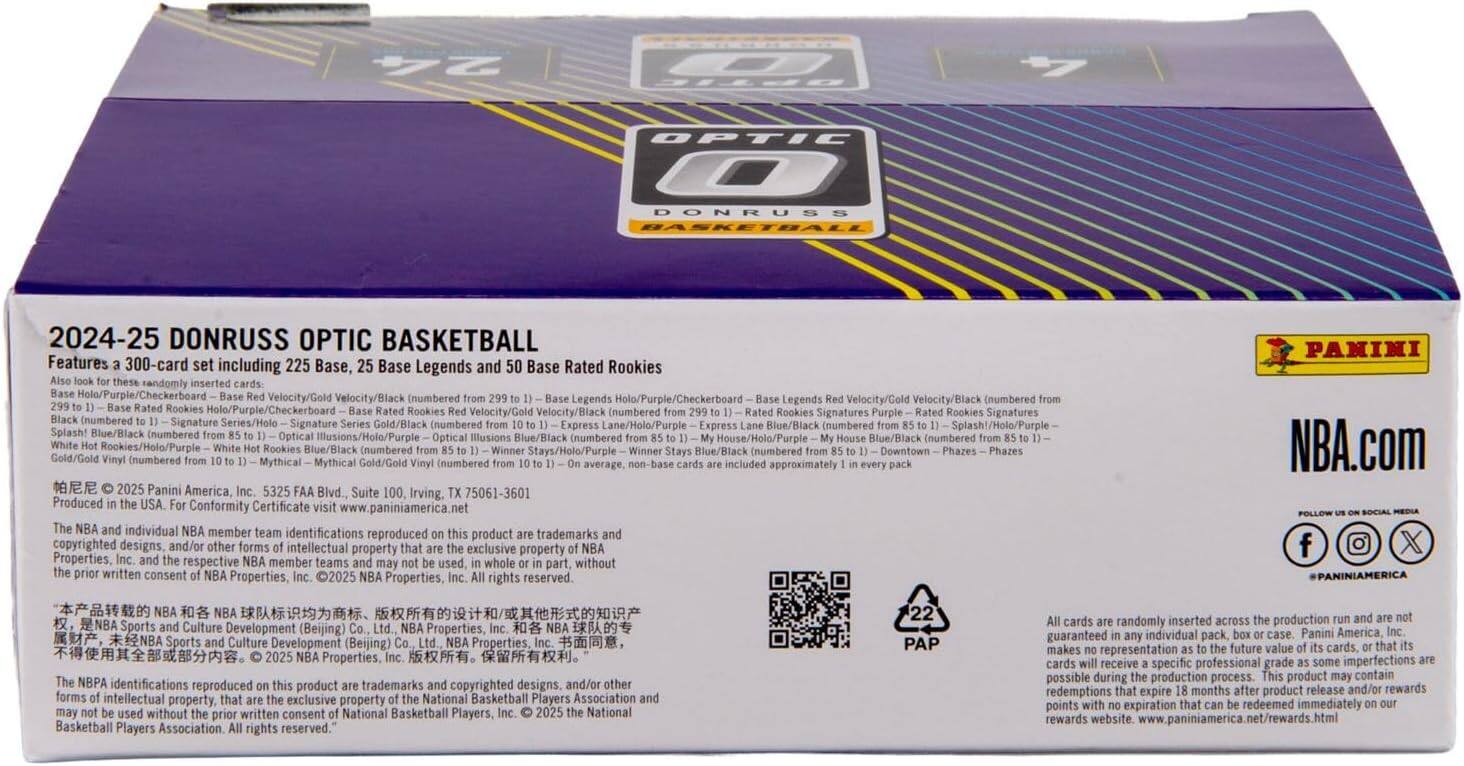 2024-25 Donruss Optic Basketball

Features: 300-card set including 225 Base, 25 Base Legends, and 50 Base Rated Rookies

- Base: Holo/Purple/Checkerboard Velocity/Gold Velocity/Black (numbered from 299 to 1)
- Base Legends: Holo/Purple/Checkerboard Velocity/Gold Velocity/Black (numbered from 25 to 1)
- Base Rated Rookies: Holo/Purple/Checkerboard Velocity/Gold Velocity/Black (numbered from 50 to 1)
- Rookies Signatures: Holo/Purple/Checkerboard Velocity/Gold Velocity/Black (numbered from 50 to 1)
- Signature Series: Holo/Purple/Checkerboard Velocity/Gold Velocity/Black (numbered from 50 to 1)
- Express Blue/Black: Holo/Purple/Checkerboard Velocity/Gold Velocity/Black (numbered from 50 to 1)
- Splash!: Holo/Purple/Checkerboard Velocity/Gold Velocity/Black (numbered from 50 to 1)
- Optical Illusions: Holo/Purple/Checker