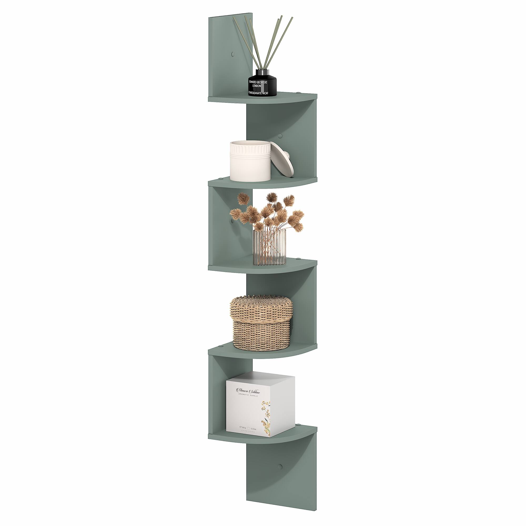 Furinno - ROSSI Floating Book Shelves for Wall, 5-Tier Zigzag Corner Shelf Wall Mounted, Radial Corner Wall Shelf - Sage Green