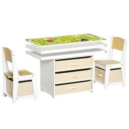 Qaba - 3-in-1 Kids Activity Table and Chairs Set with 3 Surfaces: Drawing, Building Blocks, Road Map (2 Cars), Storage Baskets - Natural Wood