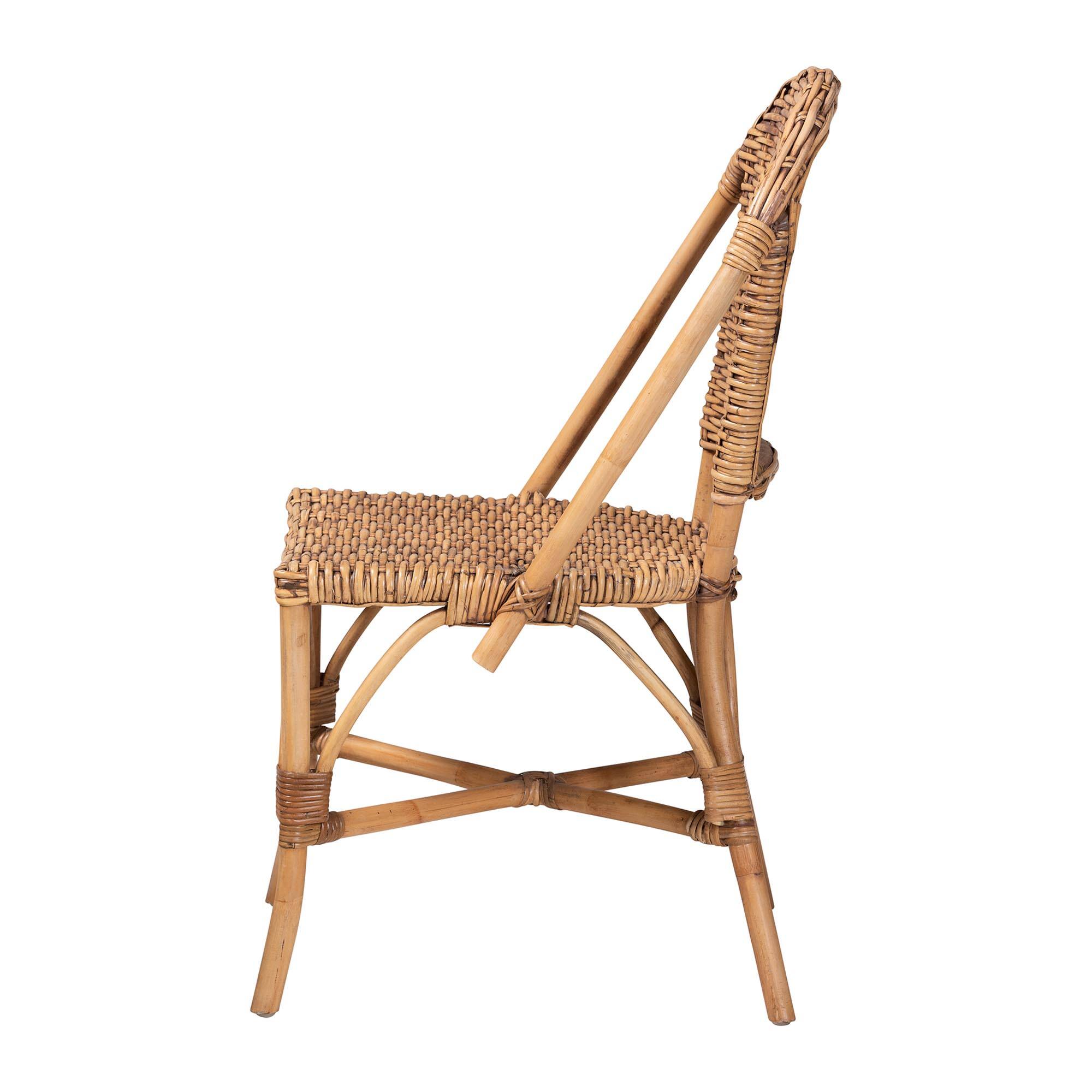Left. bali & pari - Neola Modern Bohemian Natural Rattan 2-Piece Dining Chair Set - Natural Brown.