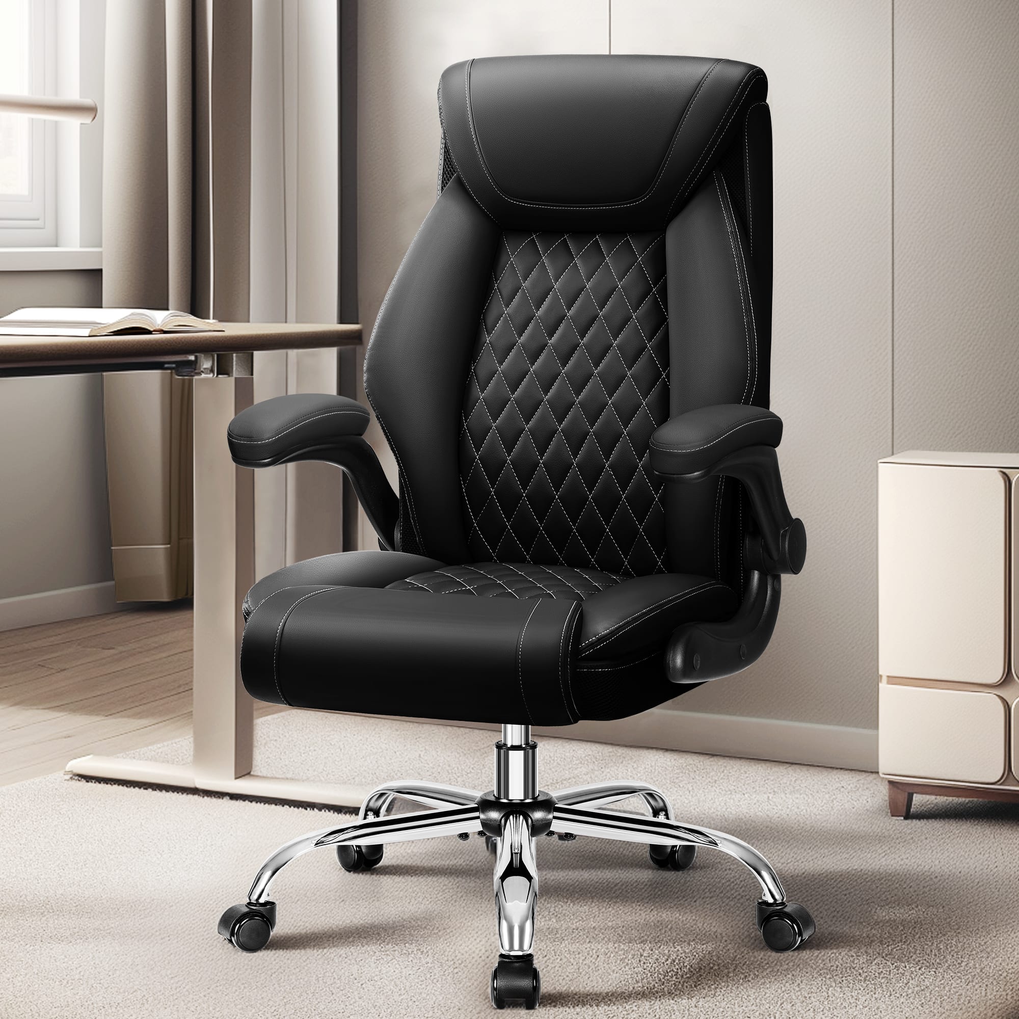 Brick Attic - Big&Tall Breathable Leather Office Chair,High-Back Desk Chair with Lumbar Support,Flip-Up Armrests and Rocking Function - Black