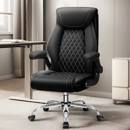 Front. Brick Attic - Big&Tall Breathable Leather Office Chair,High-Back Desk Chair with Lumbar Support,Flip-Up Armrests and Rocking Function - Black.