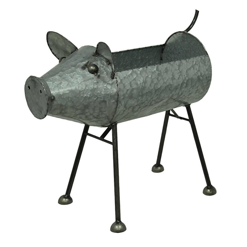 Alt View 2. Zeckos - Galvanized Metal Set of 2 Indoor/Outdoor Pig Planter Sculptures - Silver.