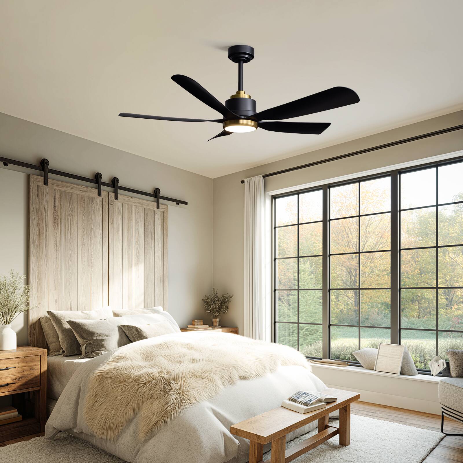 Back. Siljoy - 52" Black Gold 5-Blade Ceiling Fan Light Quiet DC Motor 3-Color Temp Remote for Living Bedroom - Matte Black.
