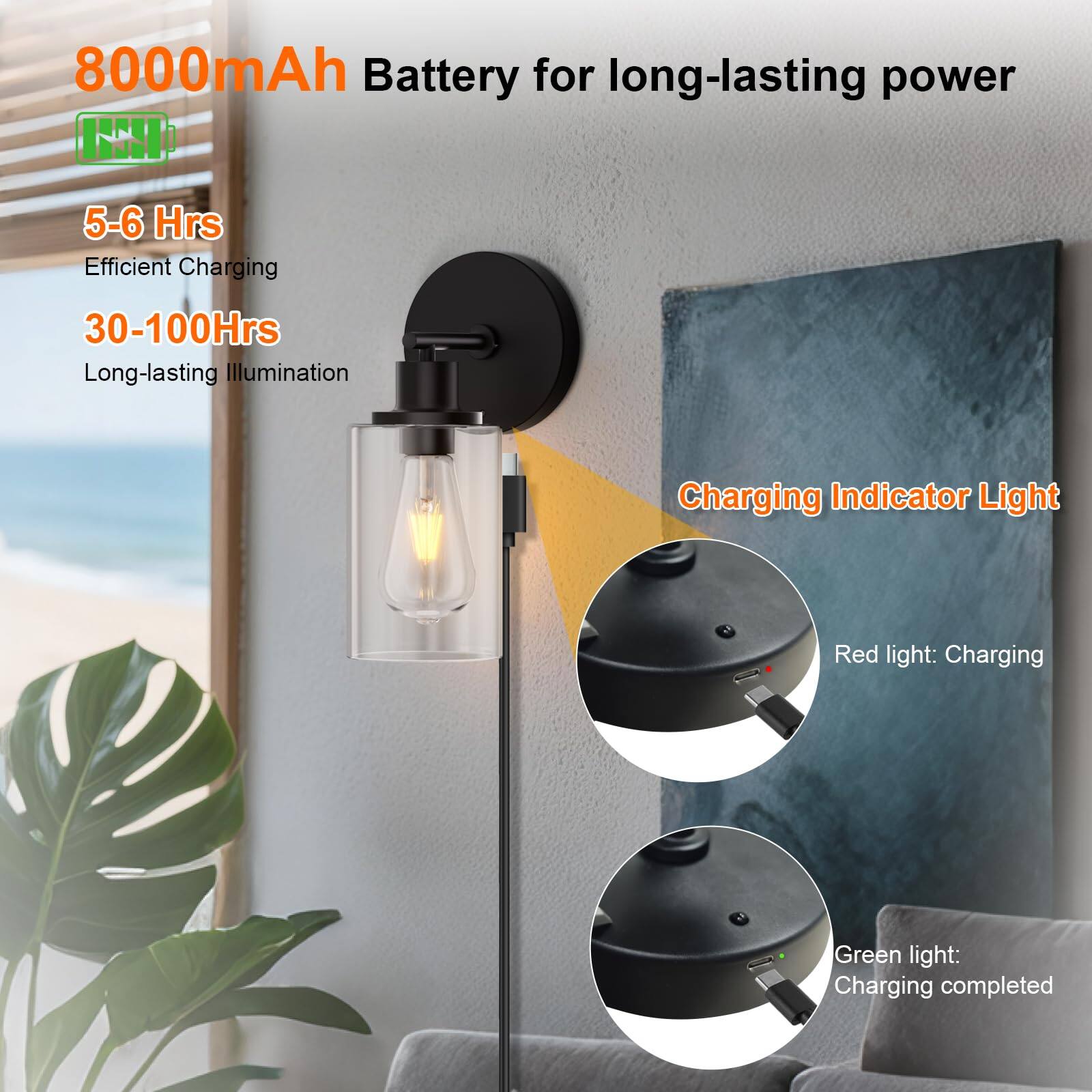 8000mAh Battery for long-lasting power

5-6 Hrs  
Efficient Charging

30-100Hrs  
Long-lasting Illumination

Charging Indicator Light

Red light: Charging

Green light: Charging completed