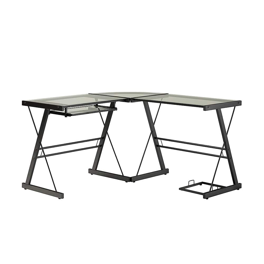 Front. Walker Edison - L-Shaped Modern Glass Corner Computer Desk - Black Clear.