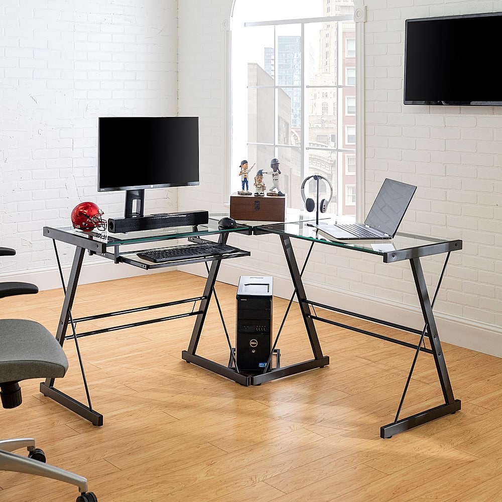 Alt View 13. Walker Edison - L-Shaped Modern Glass Corner Computer Desk - Black Clear.