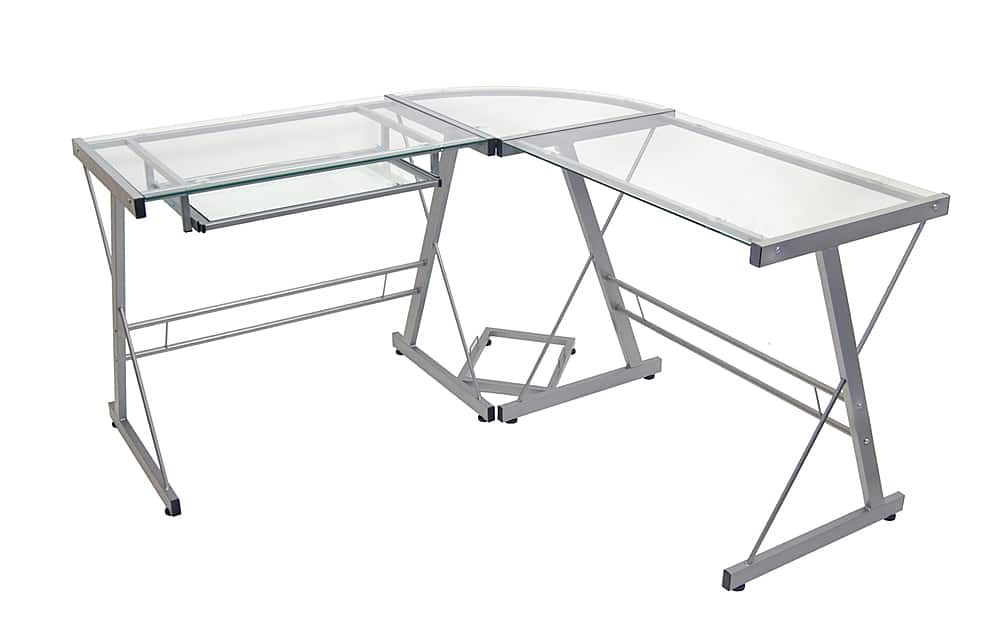 Front. Walker Edison - 52" L-Shaped Modern Glass Corner Computer Desk - Silver.