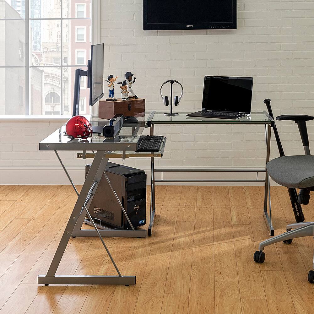 Alt View 13. Walker Edison - 52" L-Shaped Modern Glass Corner Computer Desk - Silver.