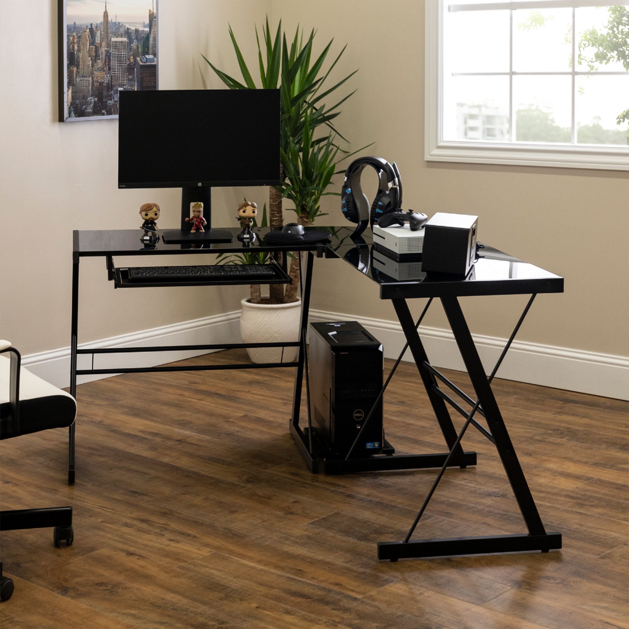 Black glass l shaped store computer desk