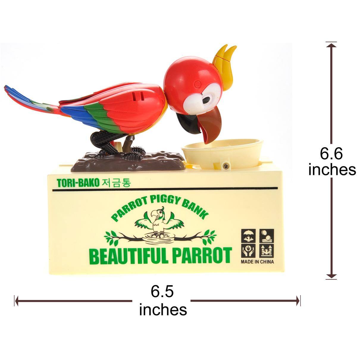 TORI-BAKO  
PARROT PIGGY BANK  
BEAUTIFUL PARROT  
MADE IN CHINA  

6.6 inches  
6.5 inches