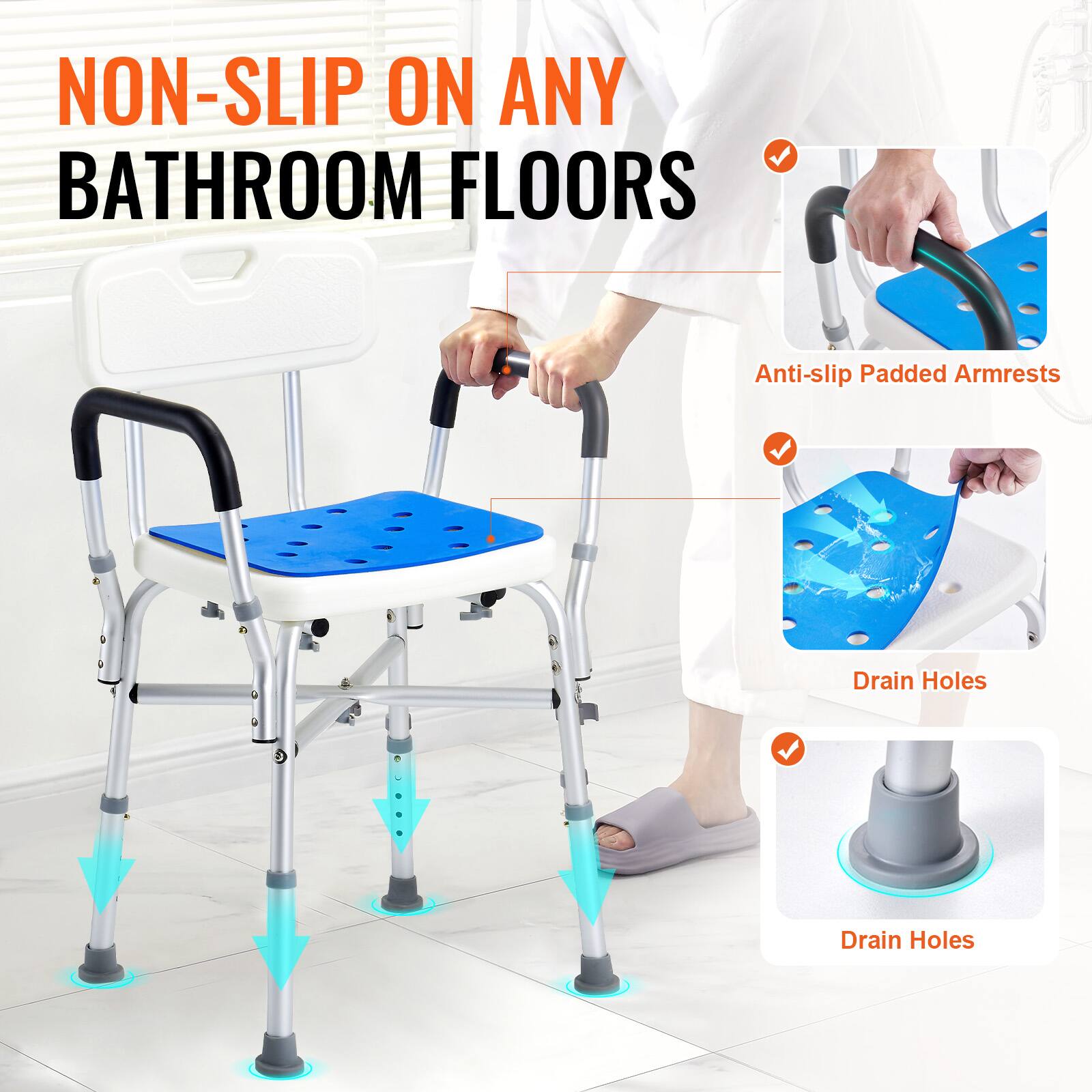 NON-SLIP ON ANY BATHROOM FLOORS, Anti-slip Padded Armrests, Drain Holes, Drain Holes