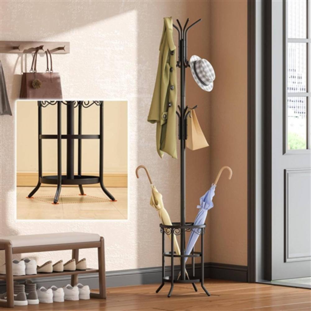 Back. Hivvago - Black Metal Entryway Coat Rack Hall Tree with Umbrella Stand - Black.