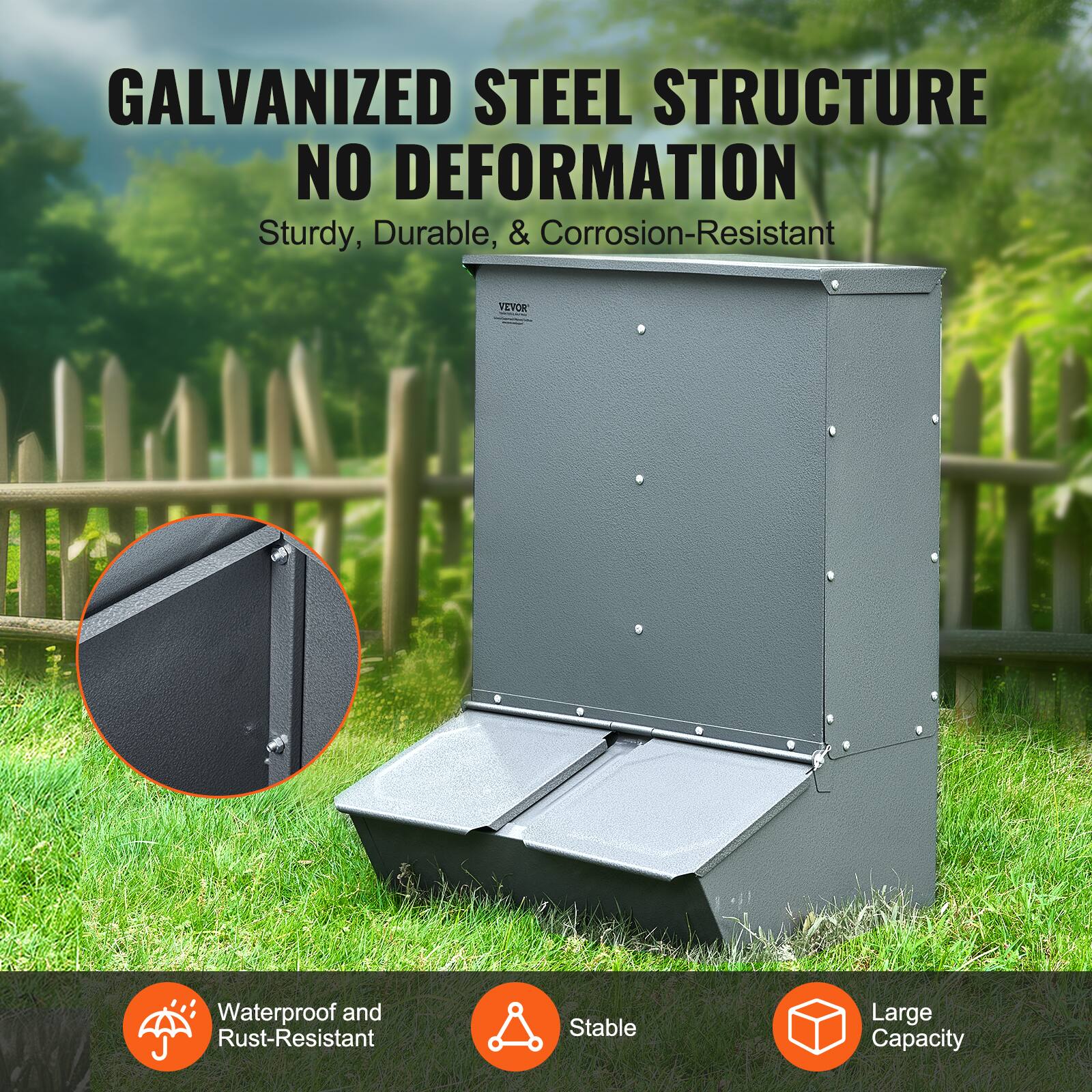 GALVANIZED STEEL STRUCTURE  
NO DEFORMATION  
Sturdy, Durable, & Corrosion-Resistant  

Waterproof and Rust-Resistant  
Stable  
Large Capacity