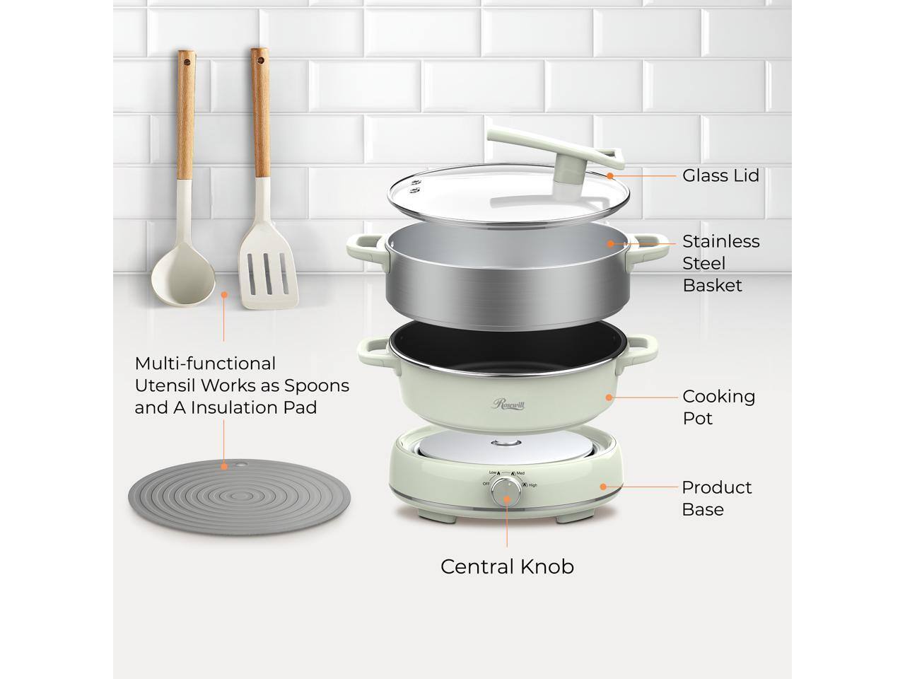 Glass Lid  
Stainless Steel Basket  
Multi-functional Utensil Works as Spoons and A Insulation Pad  
Cooking Pot  
Product Base  
Central Knob