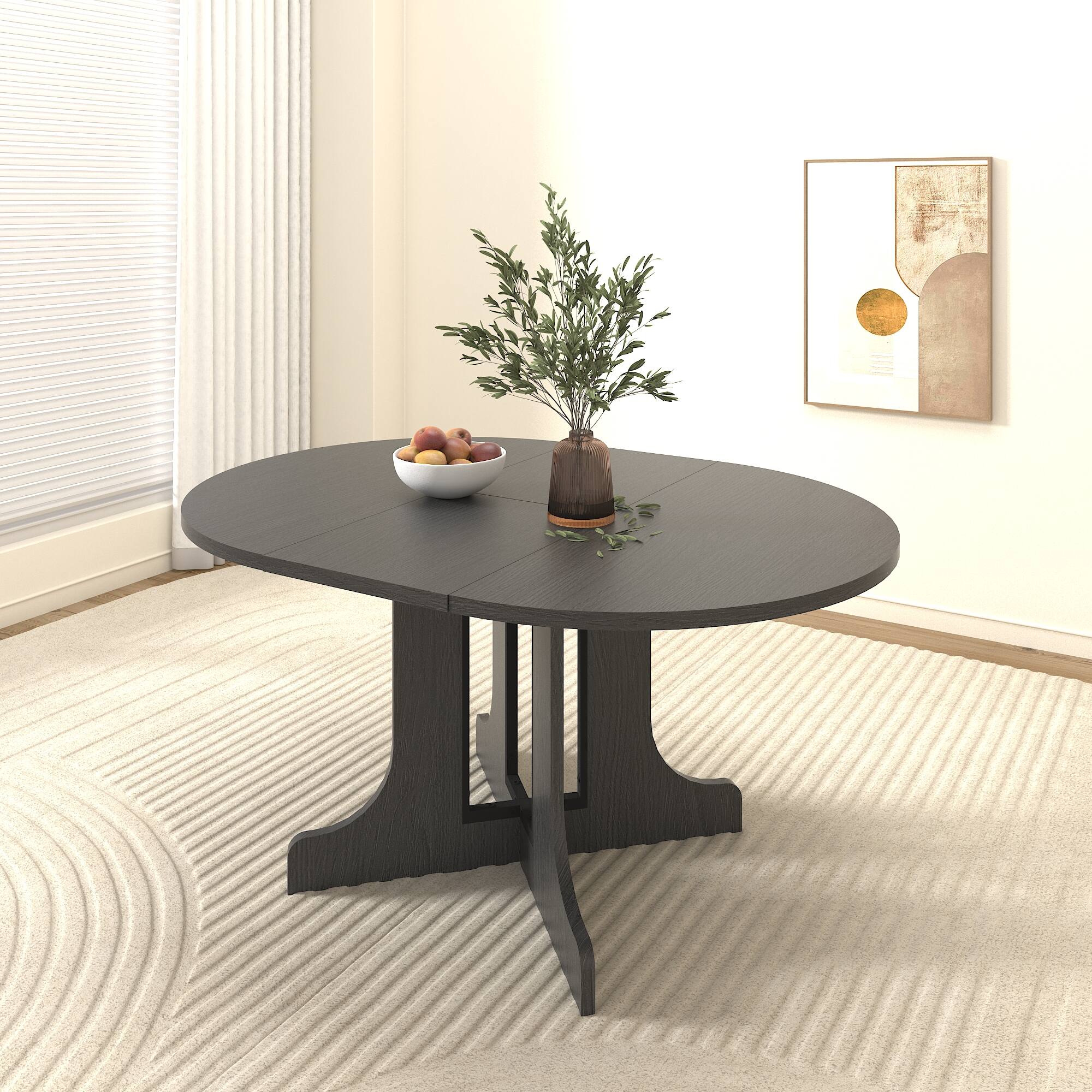 Alt View 1. Tiramisubest - Dining Table for Farmhouse Kitchen 59x43 Inch Expandable Oval Table Top with Removable Leaf Trestle X Shaped Base,Black - Black.