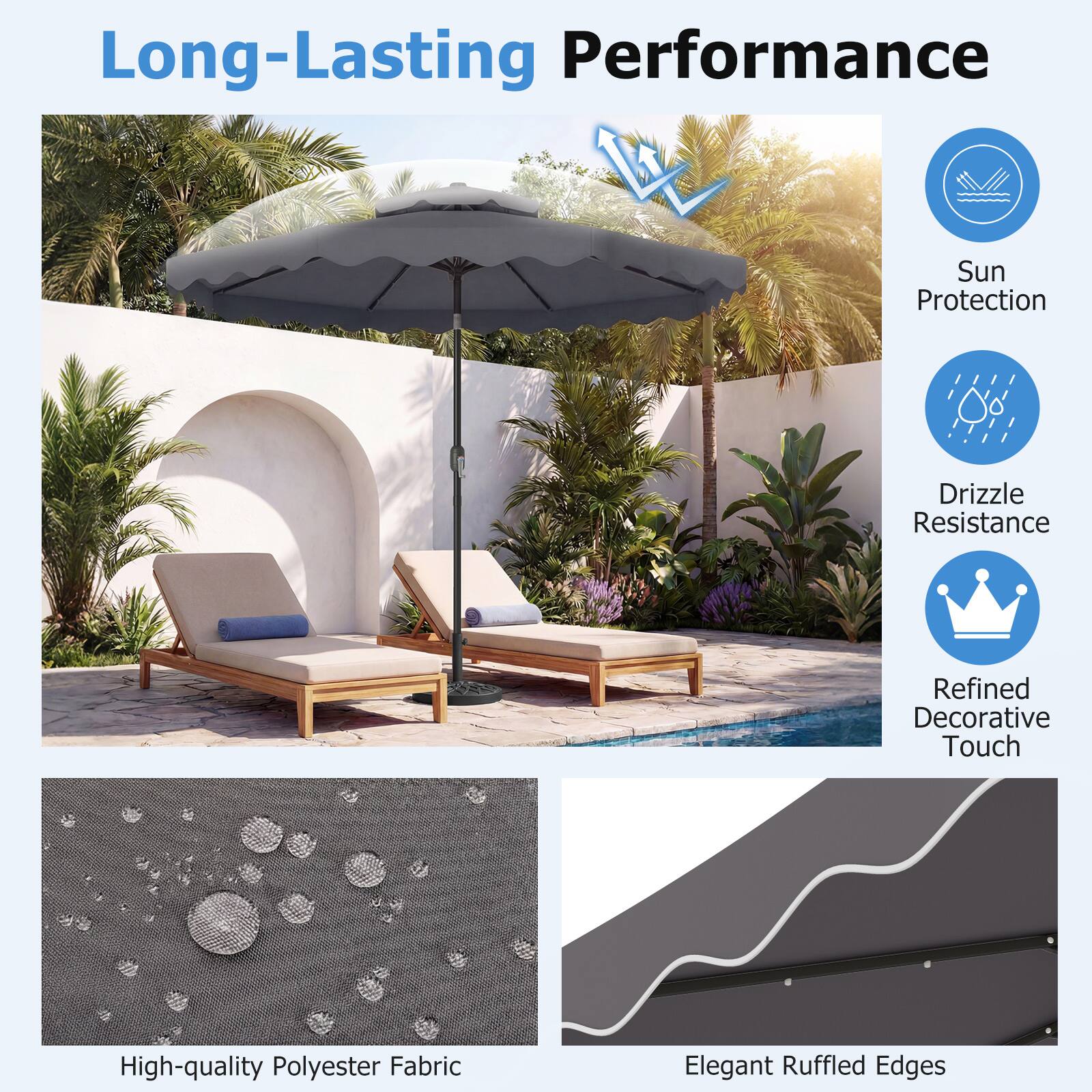 Long-Lasting Performance  
Sun Protection  
Drizzle Resistance  
Refined Decorative Touch  
High-quality Polyester Fabric  
Elegant Ruffled Edges