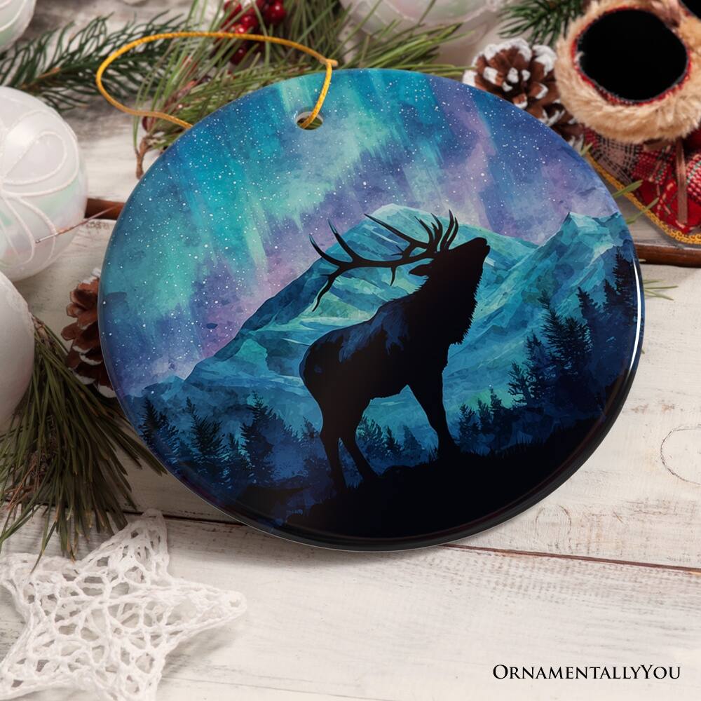 Back. OrnamentallyYou - Majestic Aurora Elk Ceramic Ornament, Northern Lights Wilderness Stag Gift and Tree Decor - Multi-colored.