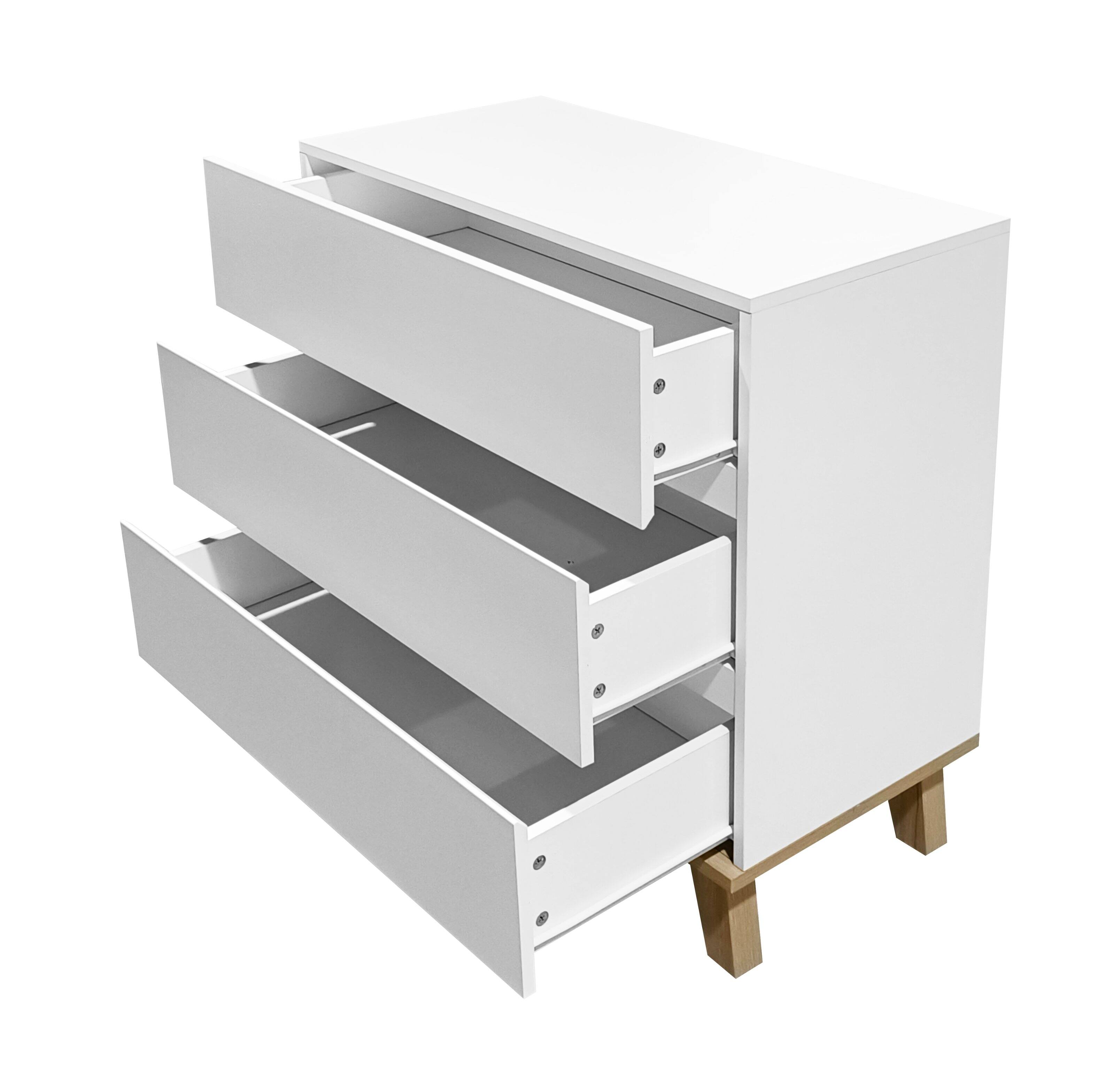 Alt View 3. Loheer - Loheer 3 Drawer White Dresser, Handle-Free Modern Storage Chest with Solid Wood Legs for Bedroom, Minimalist Cabinet - White.