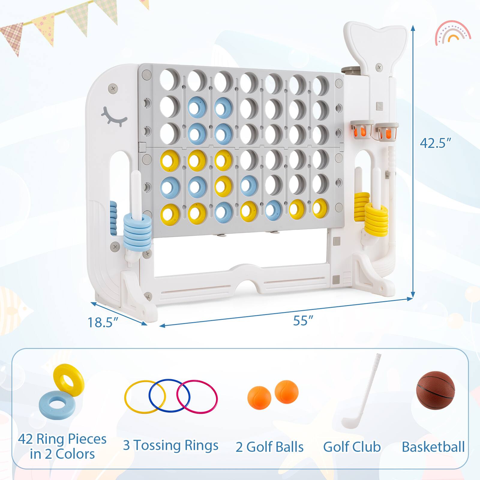 42.5" 18.5" 55"  
42 Ring Pieces in 2 Colors  
3 Tossing Rings  
2 Golf Balls  
Golf Club  
Basketball
