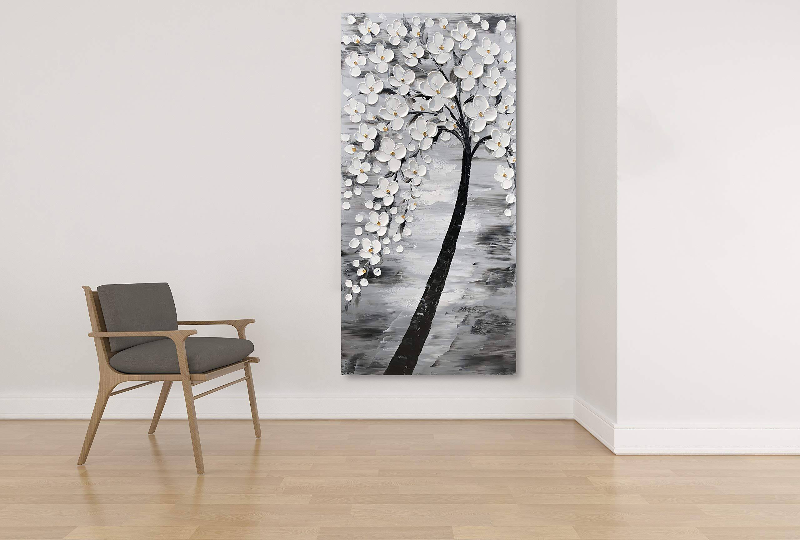 Alt View 4. Hirose Alice - Yihui Arts Hand-Painted Textured Blossom Tree Art on Canvas & Toned Floral Painting for Modern Home Decor - Vertical Flower Art 40"L x 20"W.
