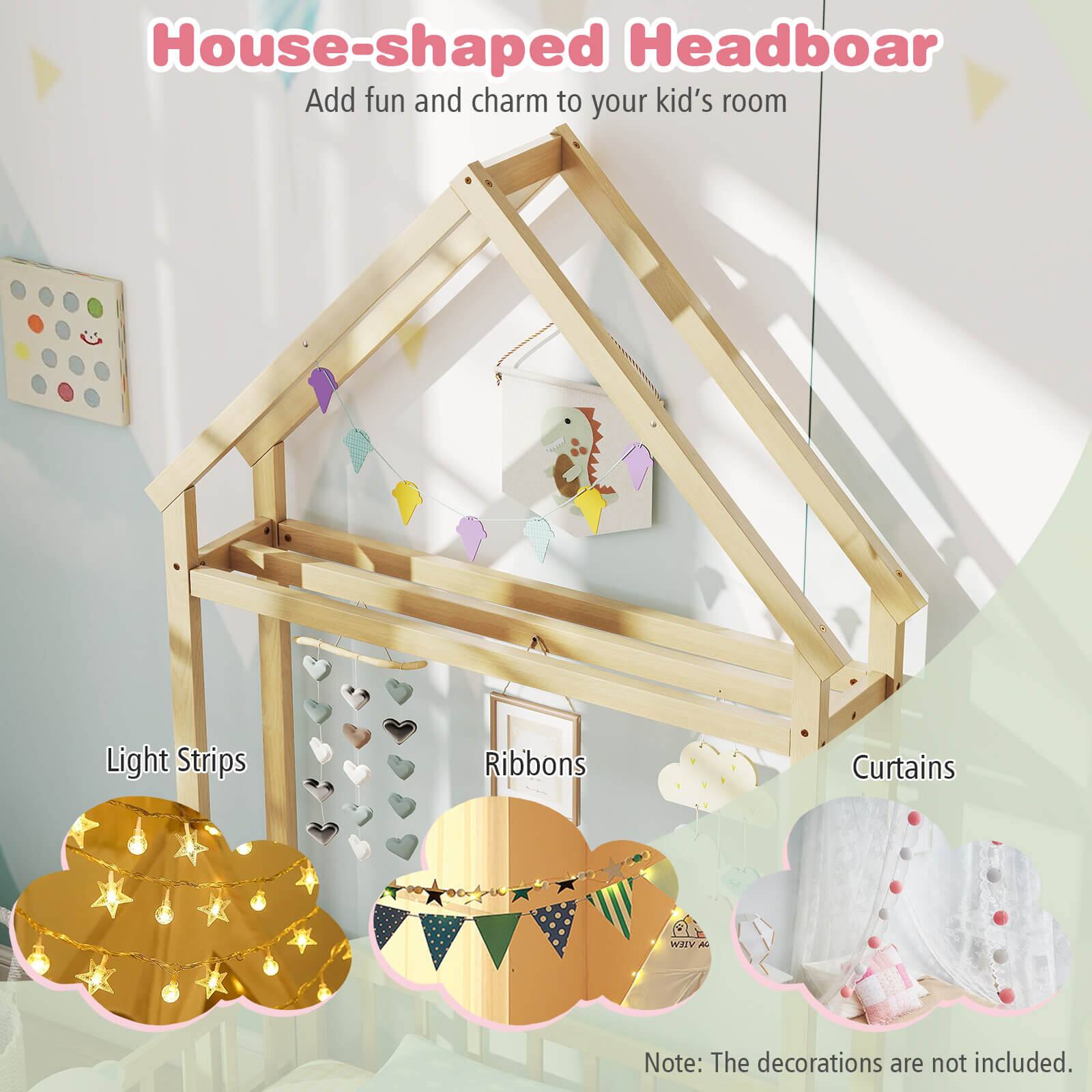 House-shaped Headboard Add fun and charm to your kid's room Light Strips Ribbons Curtains