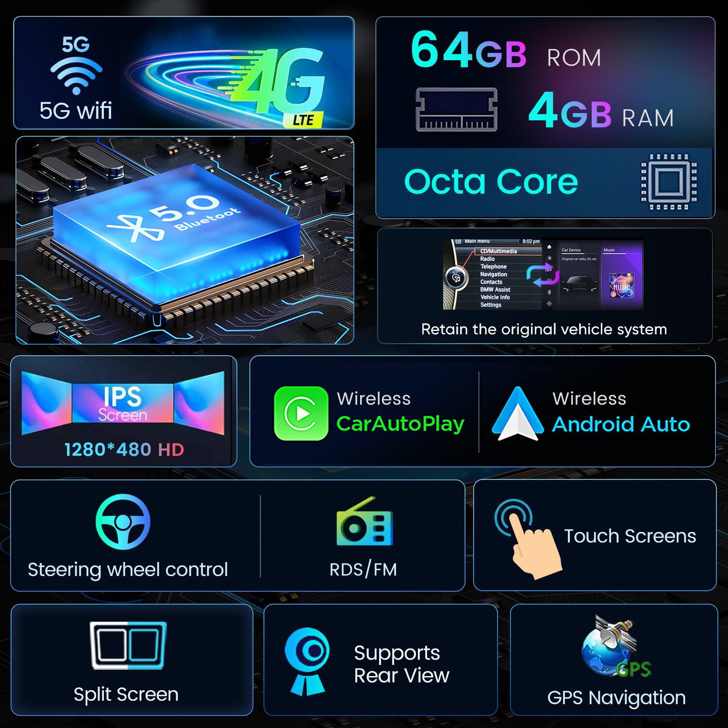 5G 5G wifi  
4G LTE  
64GB ROM  
4GB RAM  
5.0 Bluetooth  
Octa Core  
Main menu  
8:00 pm  
CUMMultimedia  
Telephone  
Navigation  
Contacts  
BMW Assist  
Vehicle info  
Settings  
Retain the original vehicle system  
IPS Screen 1280*480 HD  
Wireless CarAutoPlay  
Wireless Android Auto  
Steering wheel control  
RDS/FM  
Touch Screens  
Split Screen  
Supports Rear View  
GPS Navigation