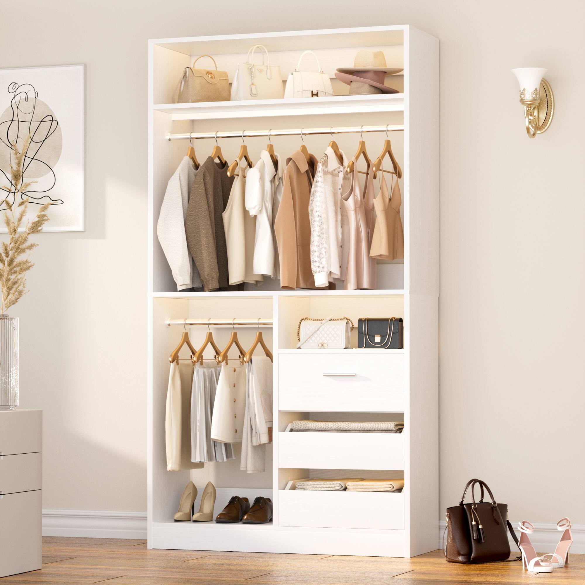 Left. Aheaplus - 36" Freestanding Closet Organizer with 3 Drawers, 2 Hanging Rods & Shoe Storage - White.