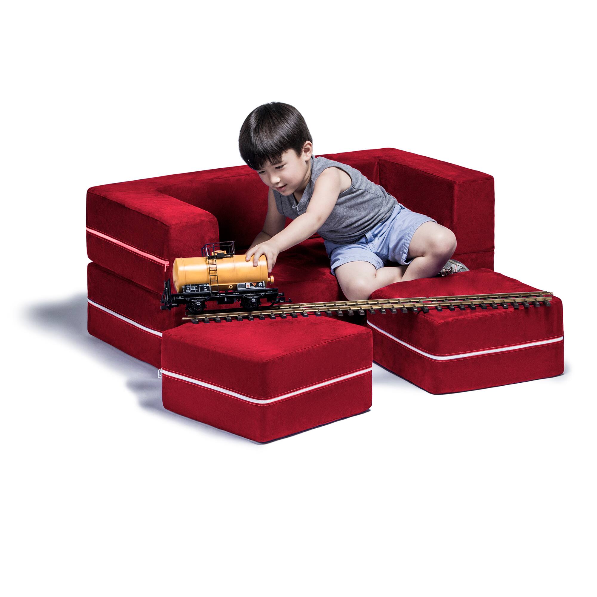 Left. Jaxx - Jaxx Zipline Kids Modular Loveseat & Ottomans/Fold Out Lounger, Cherry - Cherry.