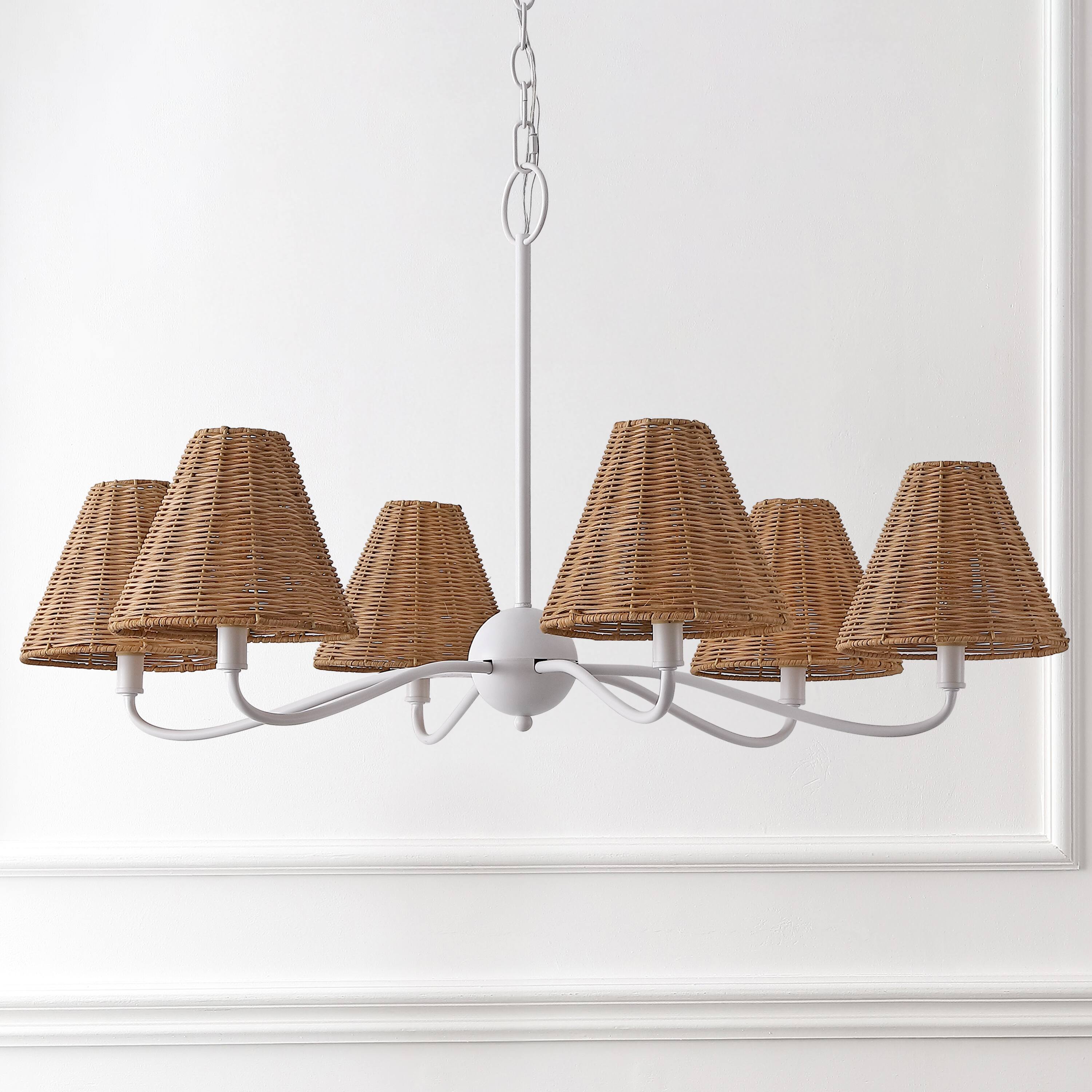 Alt View 5. Jonathan Y - Grady 35" 6-Light Grand Adjustable Swooping Arm Metal with Hand-Woven Rattan Shades LED Chandelier, White/Brown - White.