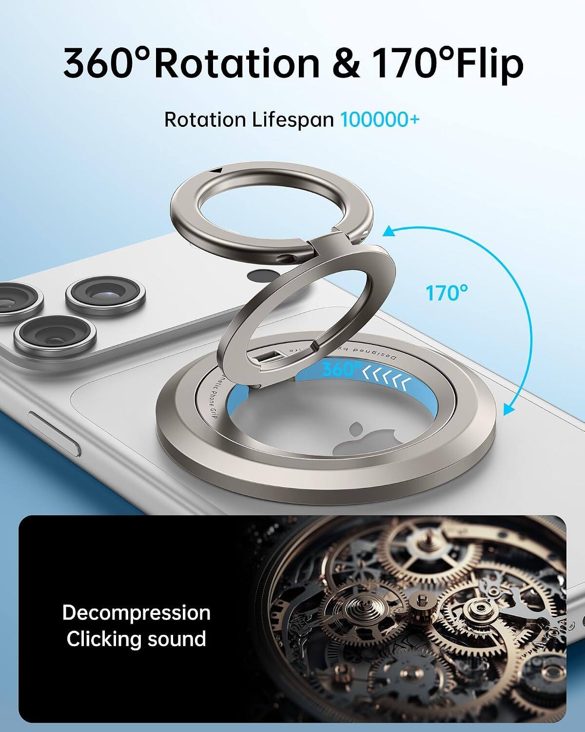 360°Rotation & 170°Flip  
Rotation Lifespan 100000+  
170°  
Decompression Clicking sound